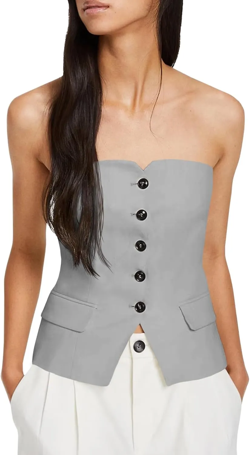 Cicy Bell Notched Neck Tube Tops Blazer Sleeveless Button Fitted Strapless Work Blazer Vest
