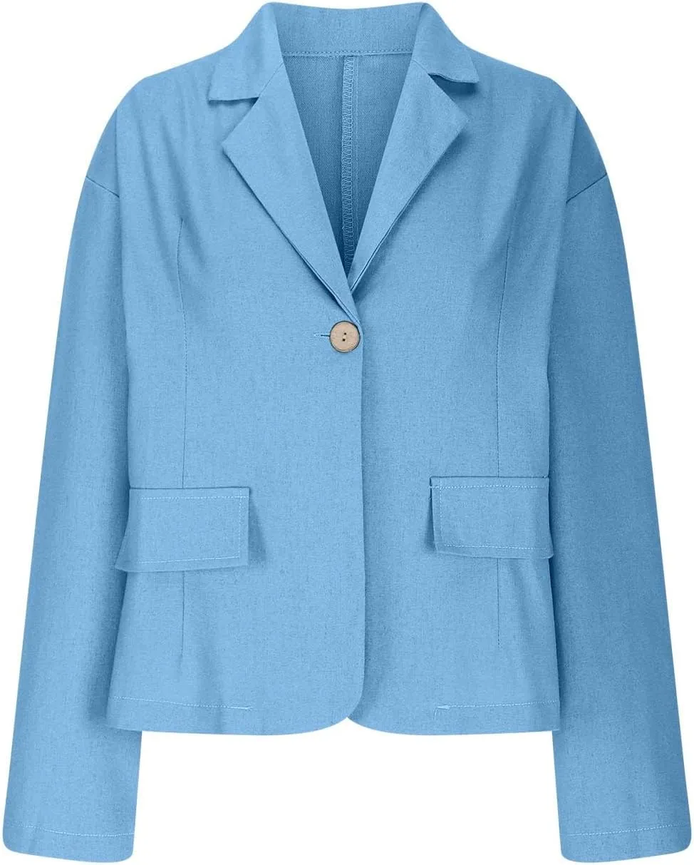 Cotton Linen Blazer for Womens Casual Long Sleeve Button Front Lapel Jackets Loose Lightweight Suit Jackets Blazer