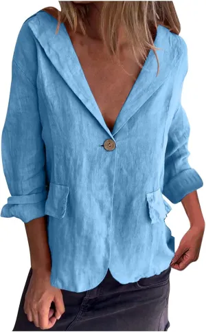 Cotton Linen Blazer for Womens Casual Long Sleeve Button Front Lapel Jackets Loose Lightweight Suit Jackets Blazer