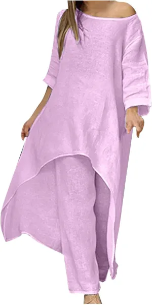 Cotton Linen Long Sets Women 2 Piece Outfits Long Sleeve High Low Tunic Tops Oversized and Wide Leg Pants Loungewear
