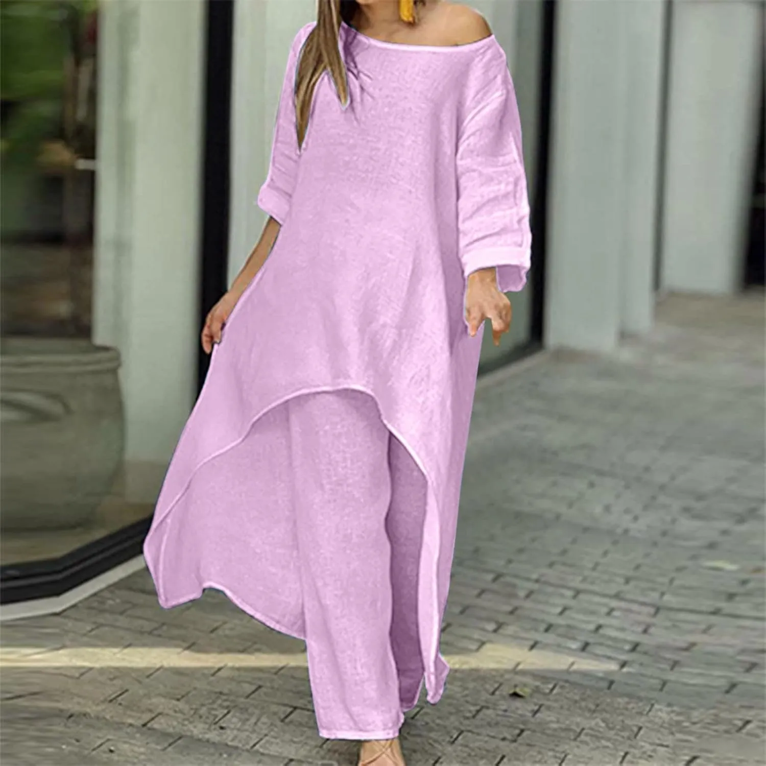 Cotton Linen Long Sets Women 2 Piece Outfits Long Sleeve High Low Tunic Tops Oversized and Wide Leg Pants Loungewear