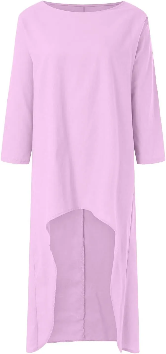 Cotton Linen Long Sets Women 2 Piece Outfits Long Sleeve High Low Tunic Tops Oversized and Wide Leg Pants Loungewear