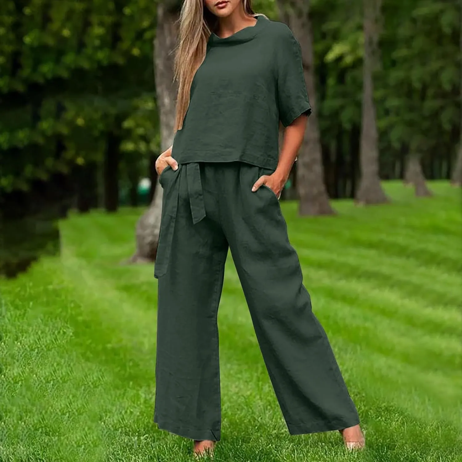 Cotton Linen Two Piece Set For Women Summer Vacation Outfits Sets Short Sleeve Tops Wide Leg Pants Matching Lounge Set