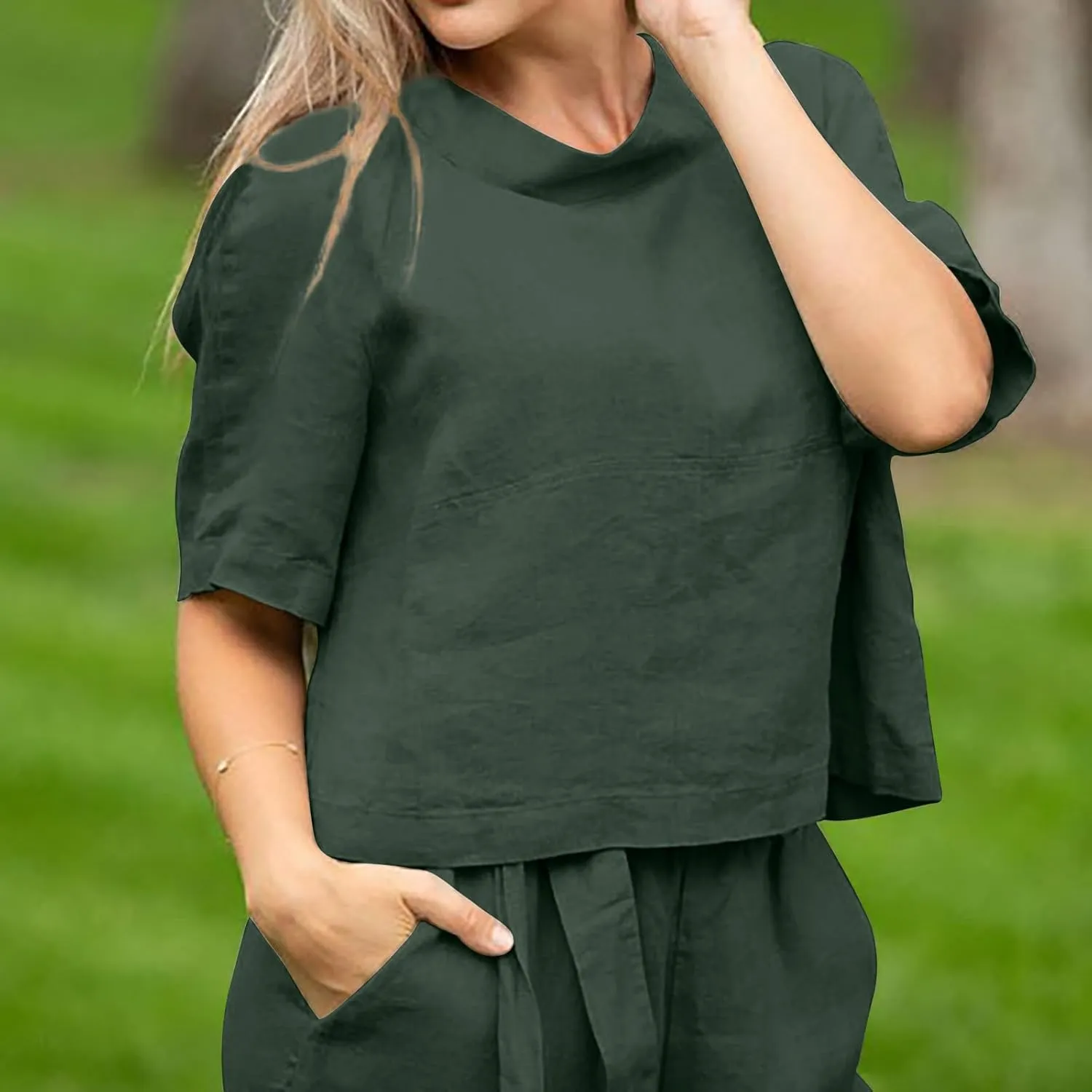 Cotton Linen Two Piece Set For Women Summer Vacation Outfits Sets Short Sleeve Tops Wide Leg Pants Matching Lounge Set