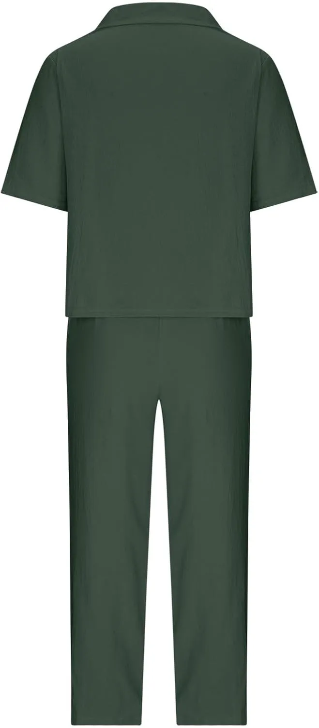 Cotton Linen Two Piece Set For Women Summer Vacation Outfits Sets Short Sleeve Tops Wide Leg Pants Matching Lounge Set