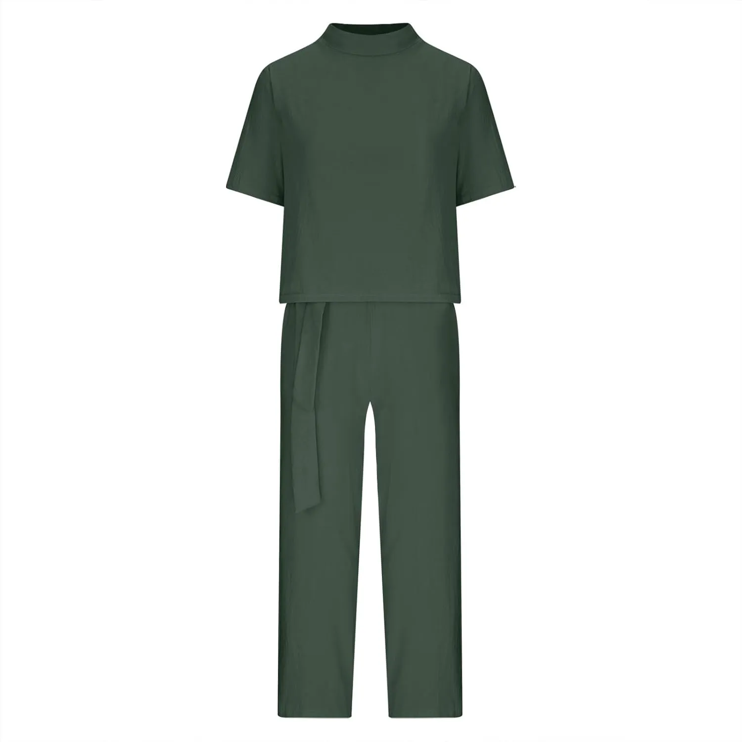 Cotton Linen Two Piece Set For Women Summer Vacation Outfits Sets Short Sleeve Tops Wide Leg Pants Matching Lounge Set