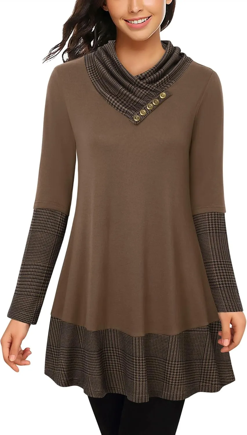 Cowl Neck Tunics Long Sleeve Patchwork Form Fitting Casual A-Line Top Blouse