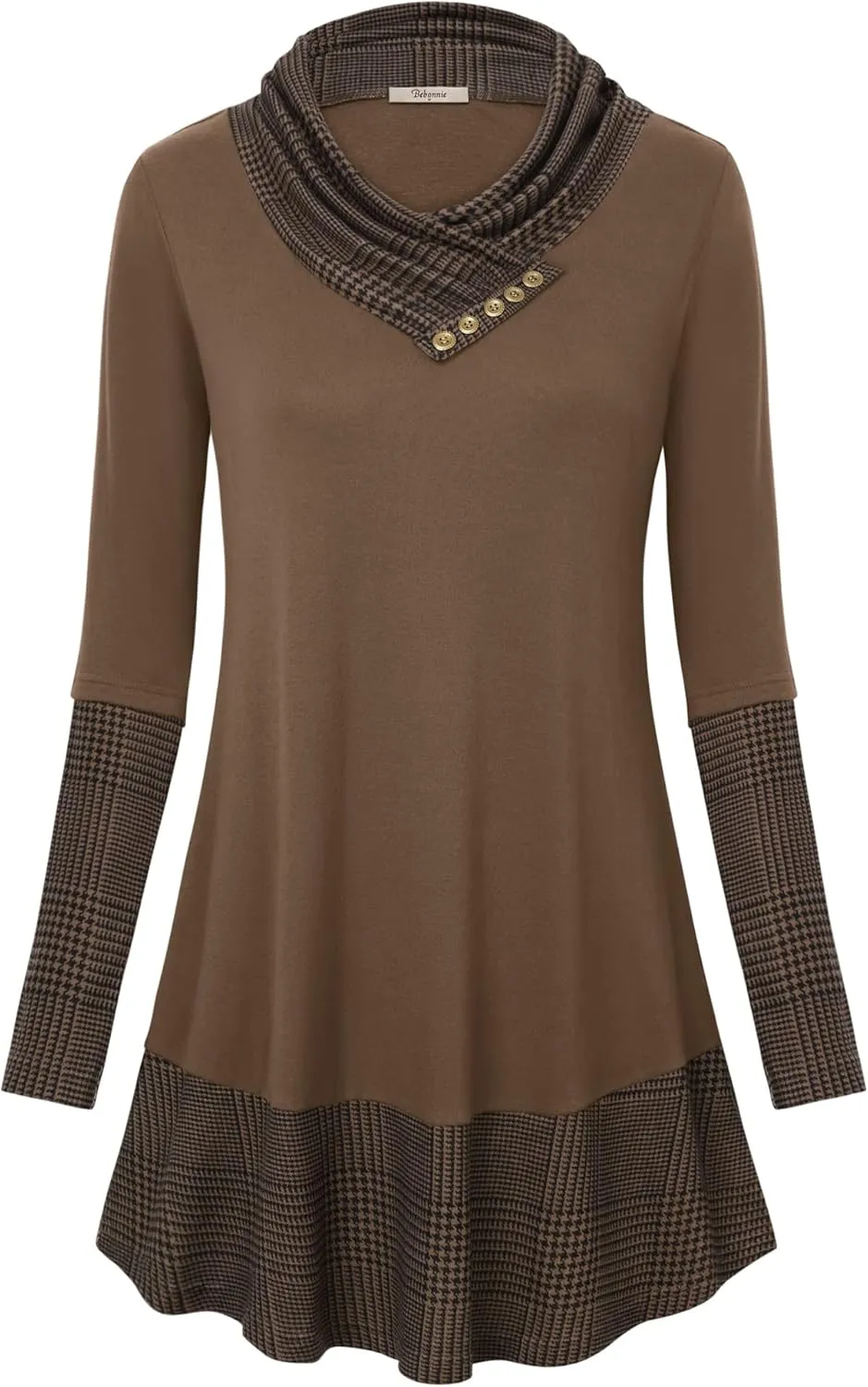 Cowl Neck Tunics Long Sleeve Patchwork Form Fitting Casual A-Line Top Blouse
