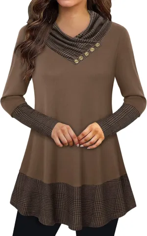 Cowl Neck Tunics Long Sleeve Patchwork Form Fitting Casual A-Line Top Blouse