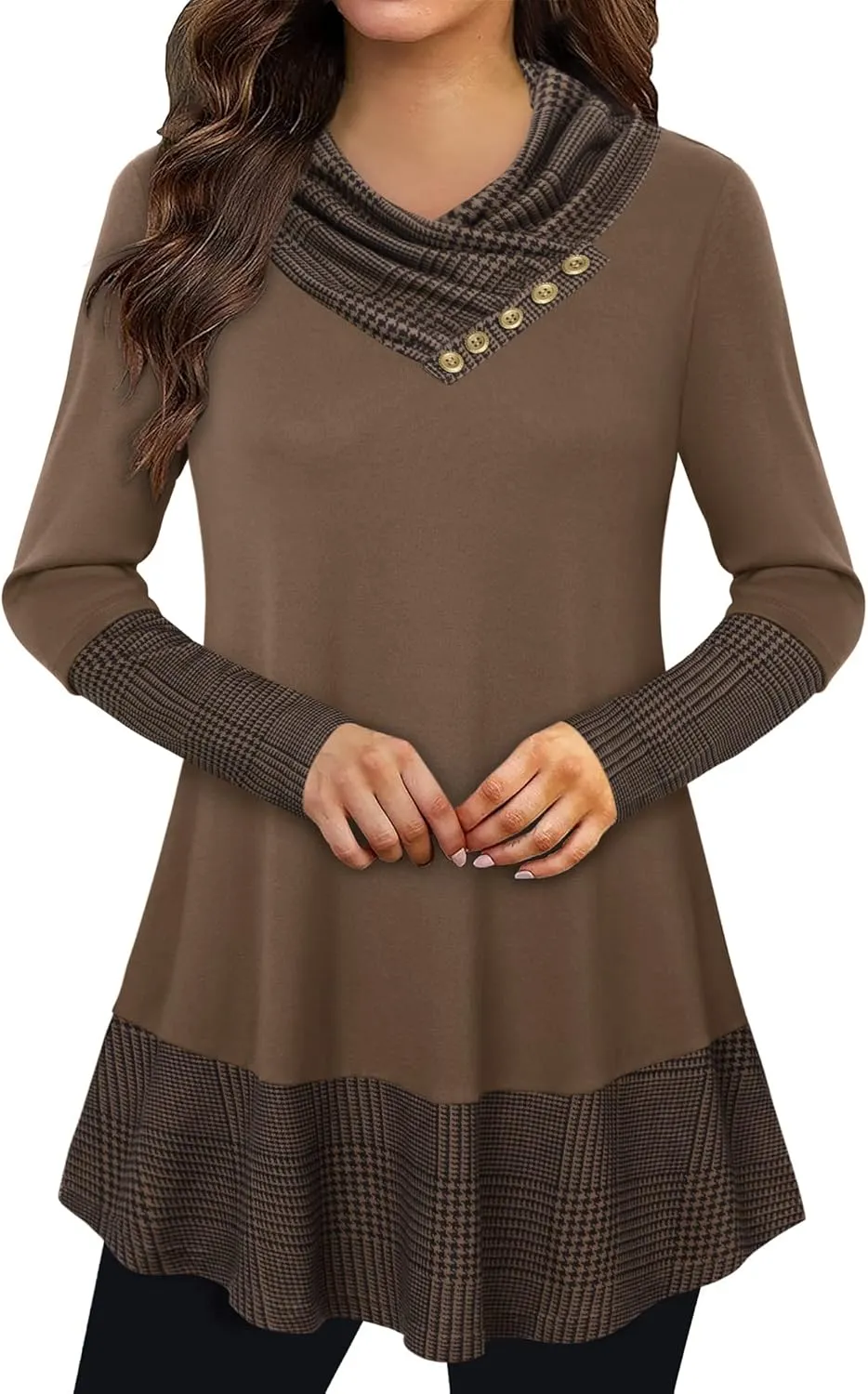 Cowl Neck Tunics Long Sleeve Patchwork Form Fitting Casual A-Line Top Blouse
