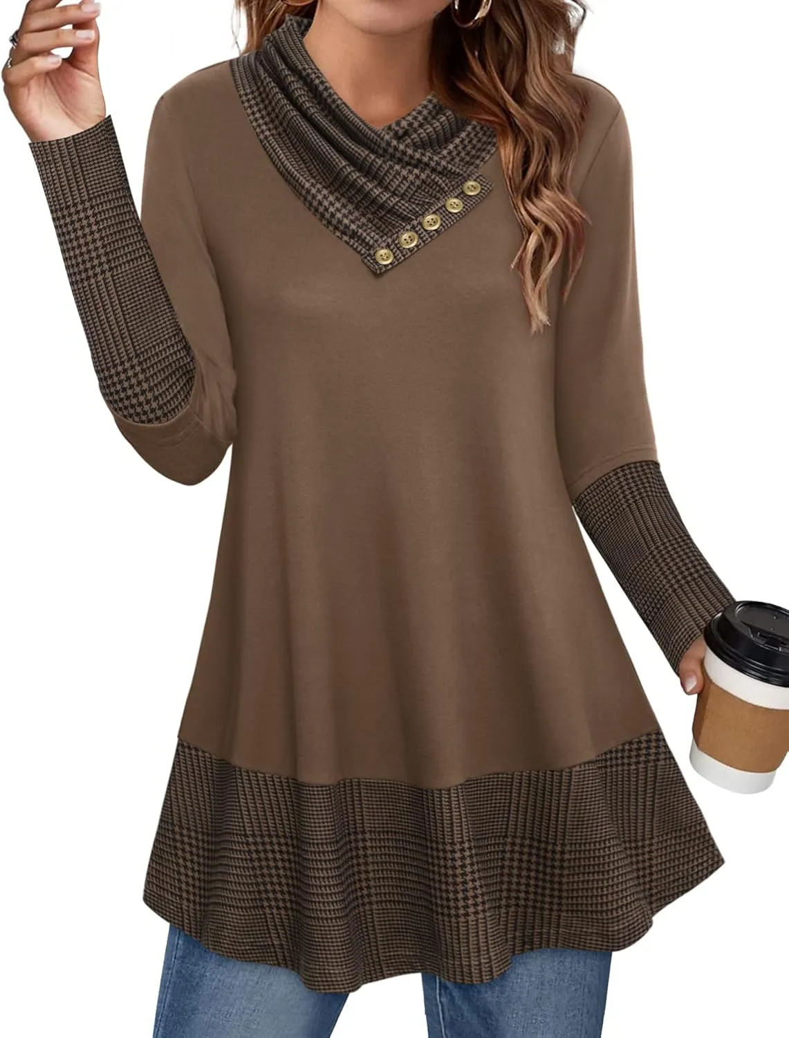 Cowl Neck Tunics Long Sleeve Patchwork Form Fitting Casual A-Line Top Blouse