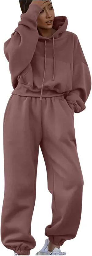 Cropped Hoodies and Jogger Pants Set Women 2 Piece Fleece Lined Fall Outfits Trendy Tracksuits Comfy Sweatsuits