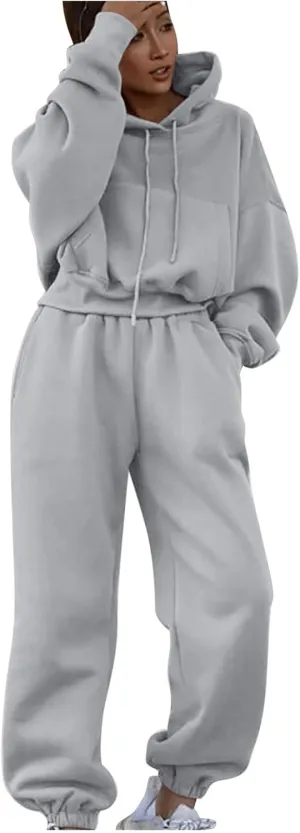 Cropped Hoodies and Jogger Pants Set Women 2 Piece Fleece Lined Fall Outfits Trendy Tracksuits Comfy Sweatsuits