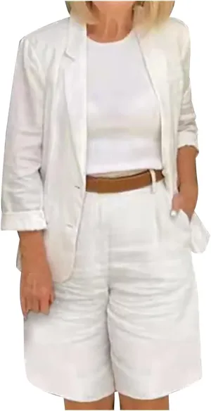 DDAPJ pyju Linen Blazer Sets for Women Plus Size 2 Piece Outfits Lapel Long Sleeve Button Jacket and Bermuda Shorts Suits