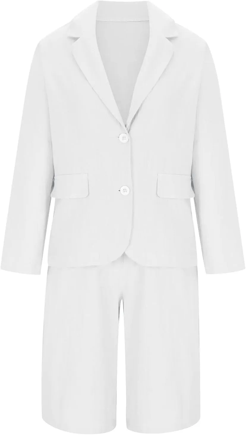 DDAPJ pyju Linen Blazer Sets for Women Plus Size 2 Piece Outfits Lapel Long Sleeve Button Jacket and Bermuda Shorts Suits