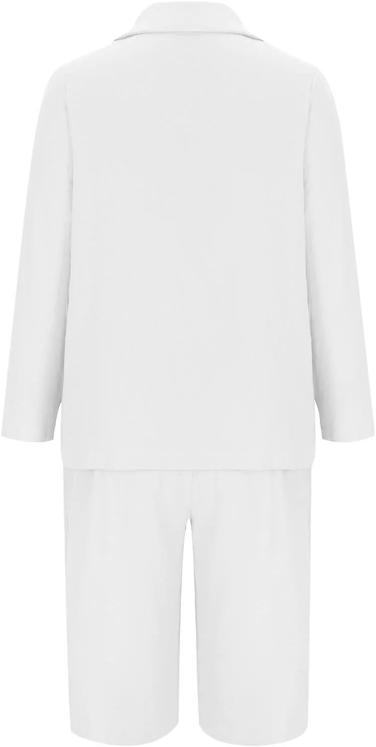 DDAPJ pyju Linen Blazer Sets for Women Plus Size 2 Piece Outfits Lapel Long Sleeve Button Jacket and Bermuda Shorts Suits