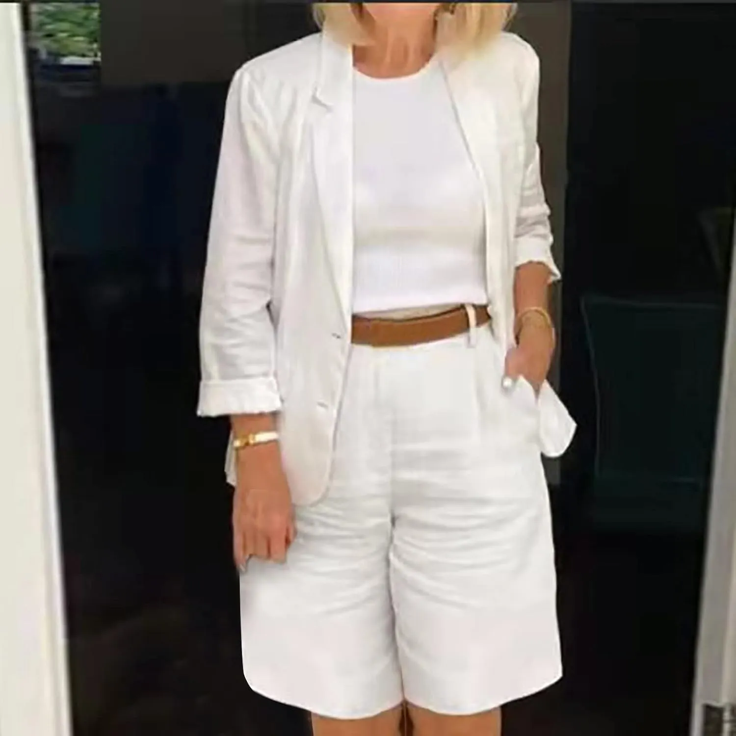 DDAPJ pyju Linen Blazer Sets for Women Plus Size 2 Piece Outfits Lapel Long Sleeve Button Jacket and Bermuda Shorts Suits