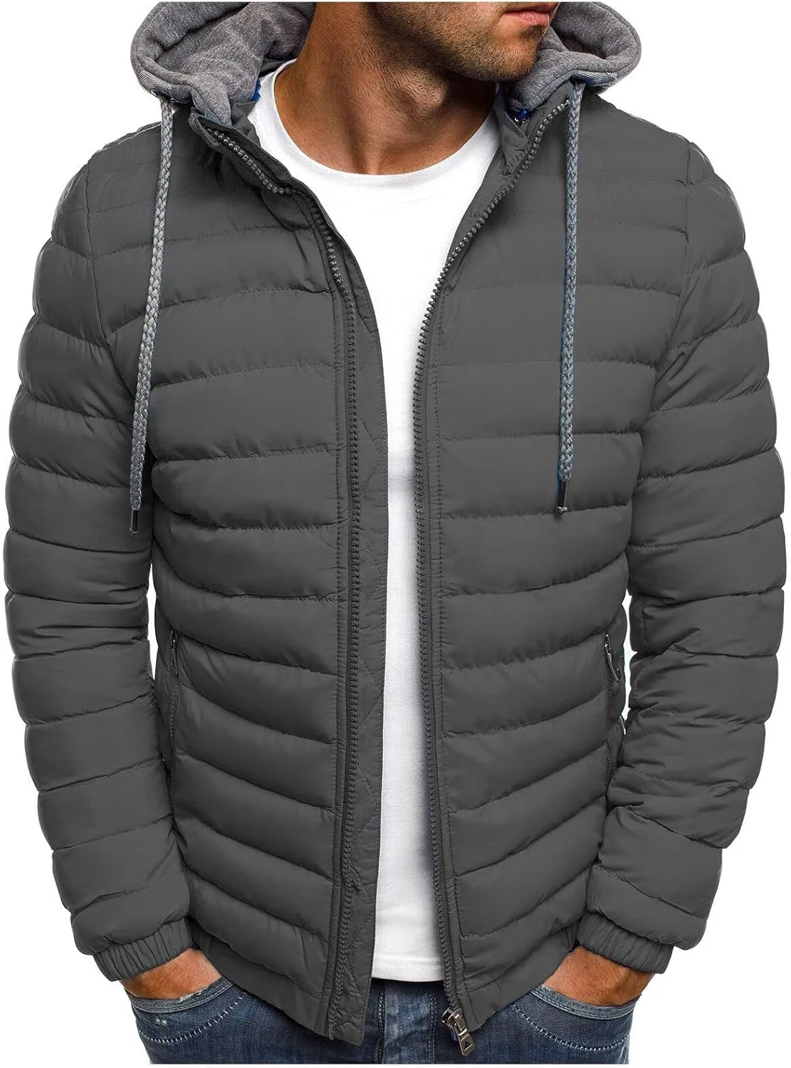 Dgoopd Puffer Jacket Men Lightweight Winter Down Coat Packable Quilted Puffer Jacket Zip up Warm Outerwear Hooded Padded Coat