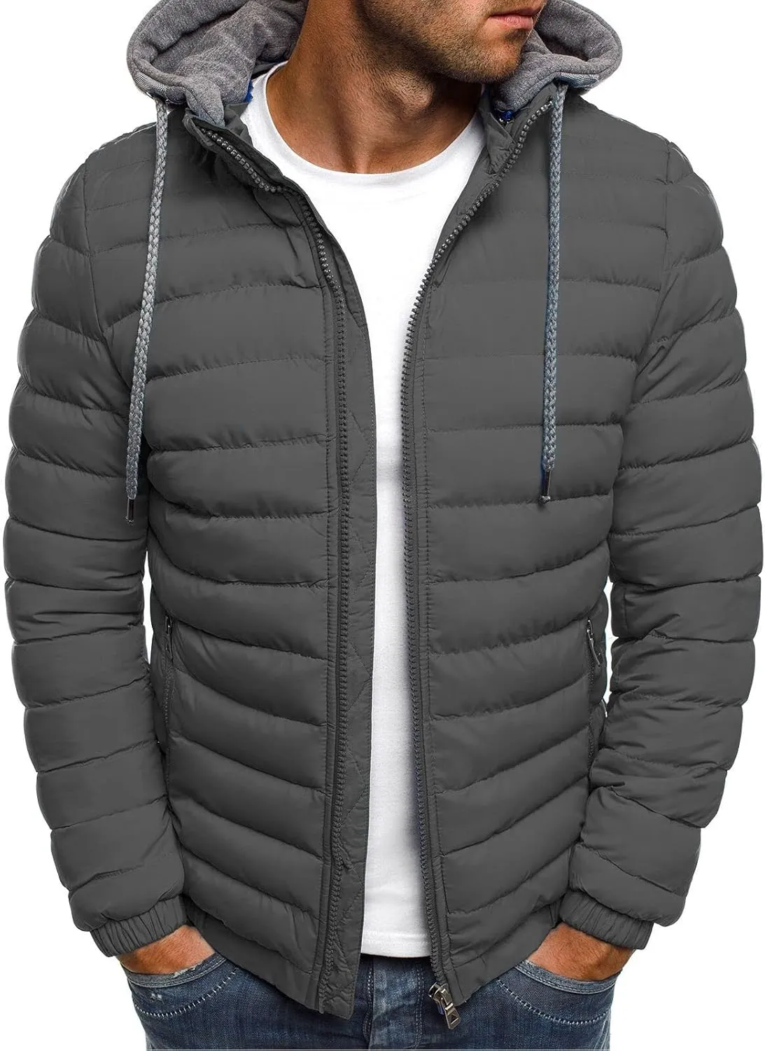 Dgoopd Puffer Jacket Men Lightweight Winter Down Coat Packable Quilted Puffer Jacket Zip up Warm Outerwear Hooded Padded Coat