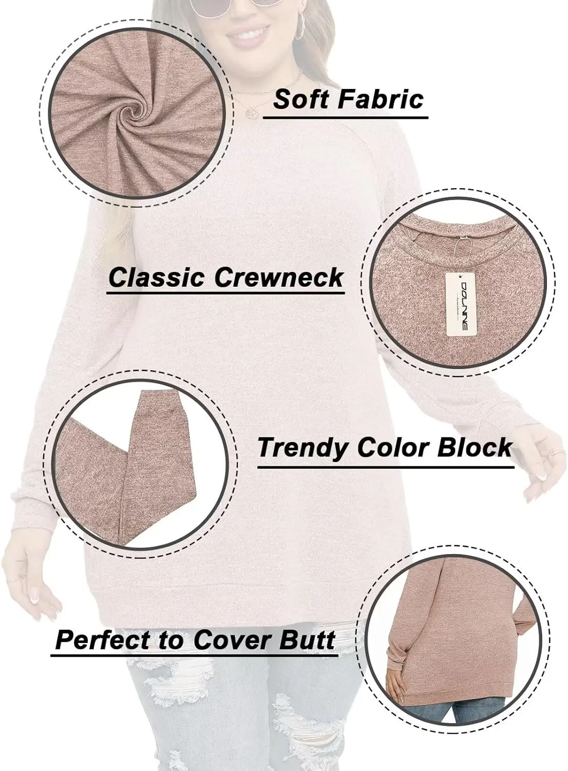 DOLNINE Women's-Plus-Size-Sweatshirts Long Sleeve Tops Crewneck Shirts Casual Tunics XL-4XL