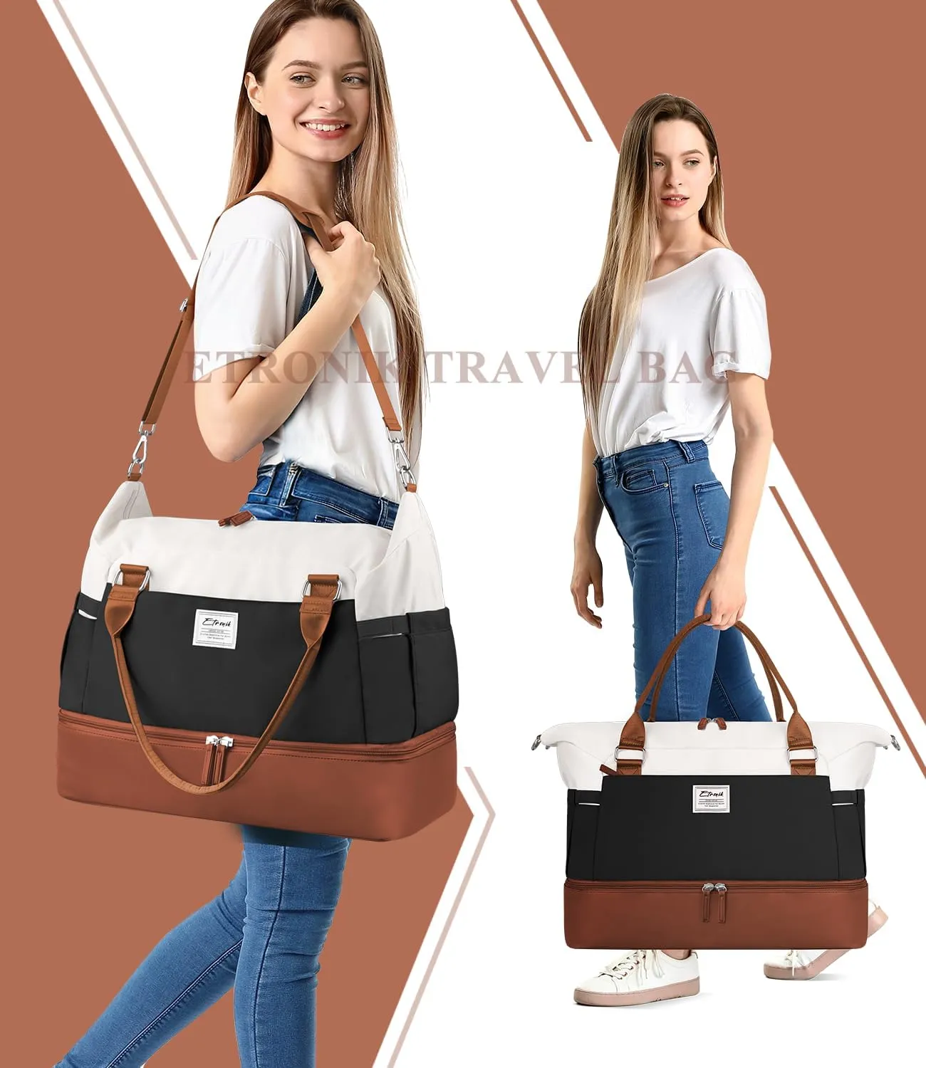 ETRONIK Weekender Bags for Women, Carry On Overnight Bag with Shoe Compartment, Travel Duffel Bag with Wet Pocket, Mom Hospital Bags for Labor and Delivery Blue&White, Large Size