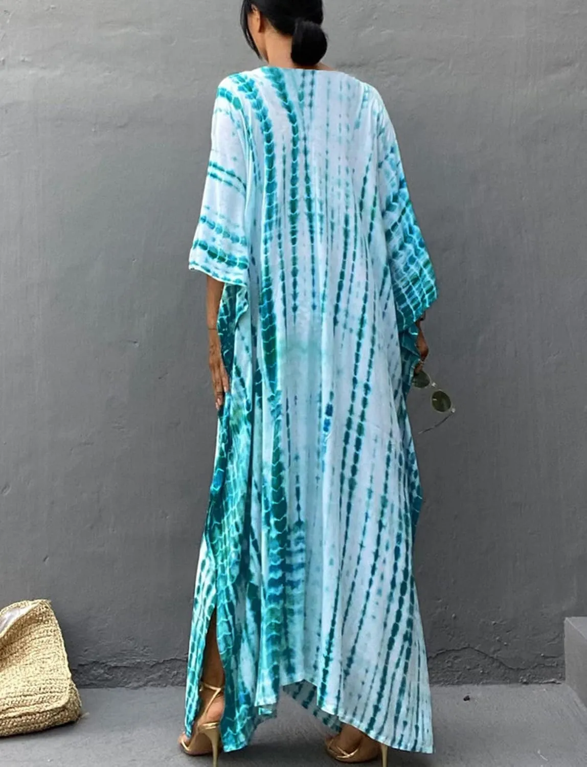 FEOYA Women's Bohemian Swim Cover Ups Printed V-Neck Pullover Kaftan Dress Swimsuit with Slit