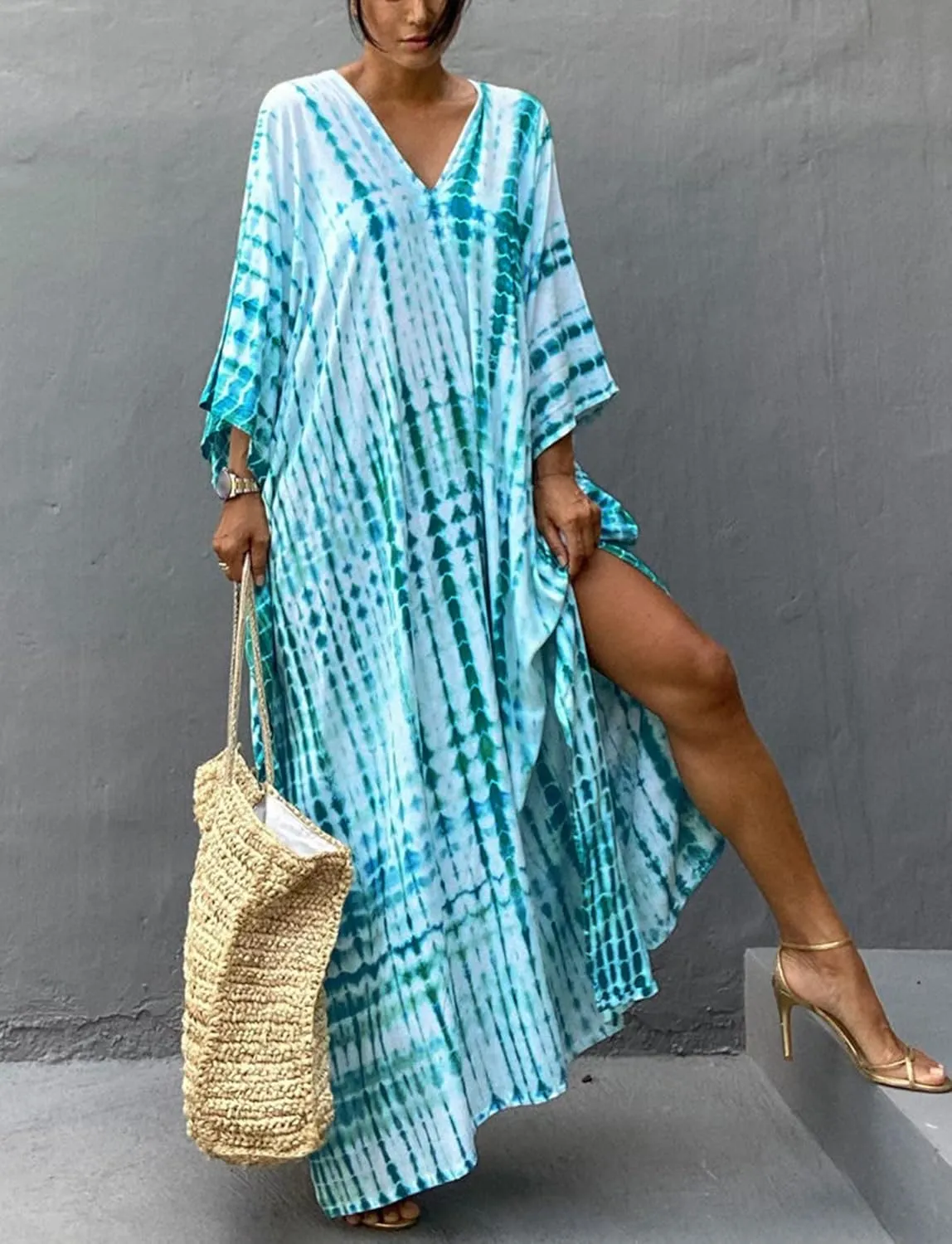 FEOYA Women's Bohemian Swim Cover Ups Printed V-Neck Pullover Kaftan Dress Swimsuit with Slit