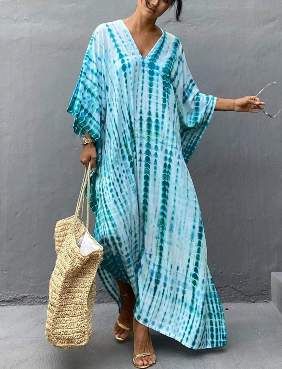 FEOYA Women's Bohemian Swim Cover Ups Printed V-Neck Pullover Kaftan Dress Swimsuit with Slit