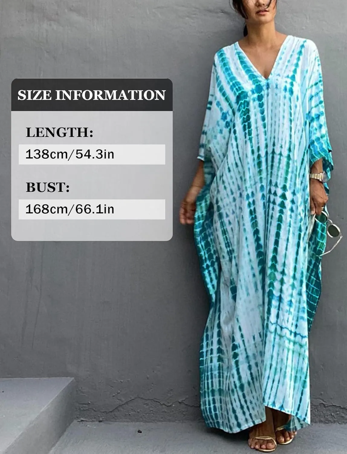 FEOYA Women's Bohemian Swim Cover Ups Printed V-Neck Pullover Kaftan Dress Swimsuit with Slit