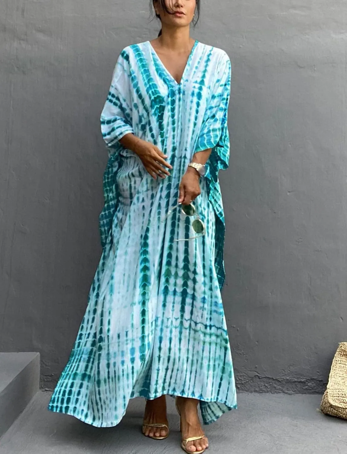 FEOYA Women's Bohemian Swim Cover Ups Printed V-Neck Pullover Kaftan Dress Swimsuit with Slit