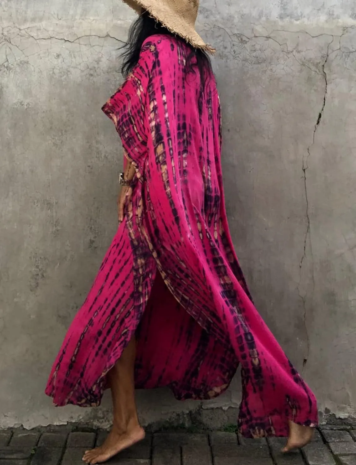 FEOYA Women's Bohemian Swim Cover Ups Printed V-Neck Pullover Kaftan Dress Swimsuit with Slit