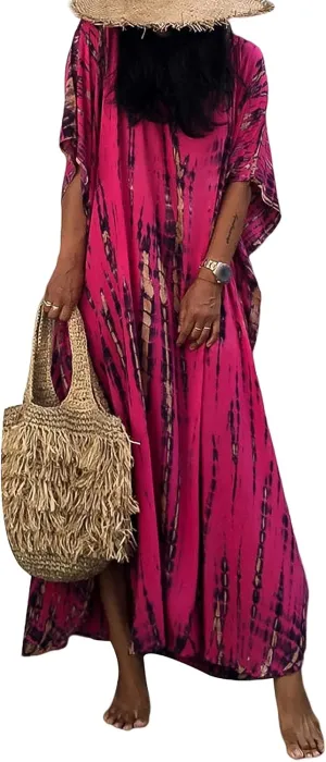 FEOYA Women's Bohemian Swim Cover Ups Printed V-Neck Pullover Kaftan Dress Swimsuit with Slit