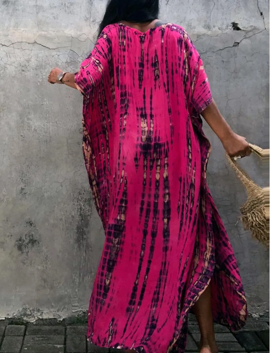 FEOYA Women's Bohemian Swim Cover Ups Printed V-Neck Pullover Kaftan Dress Swimsuit with Slit