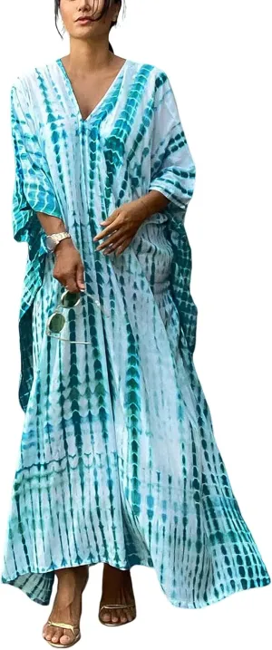 FEOYA Women's Bohemian Swim Cover Ups Printed V-Neck Pullover Kaftan Dress Swimsuit with Slit