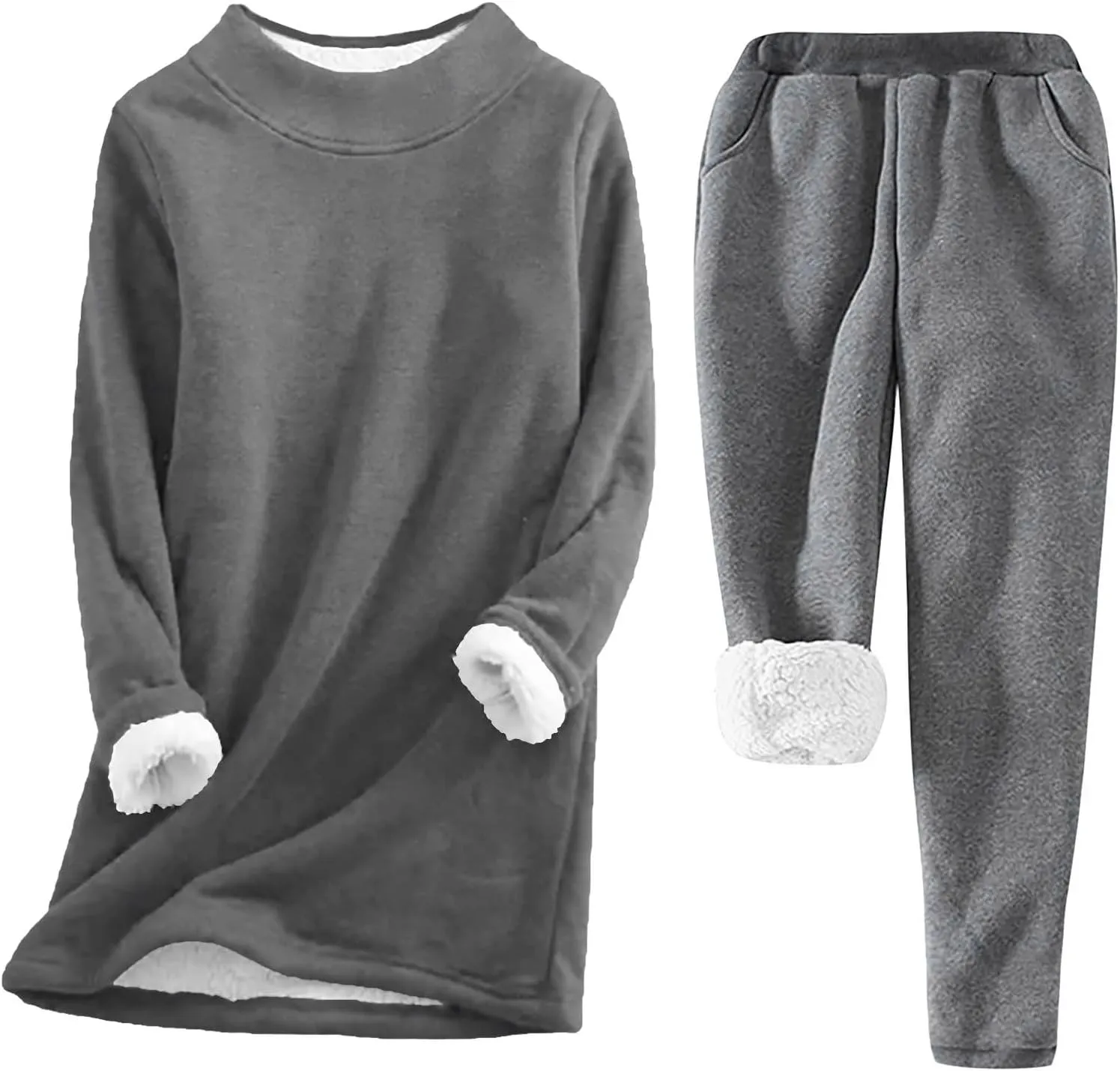Firzero Pajamas for Women Set Long Sleeve Thermal Lounge Sets Fall Winter Outfits Fleece Lined Loungewear Wide Leg Pants