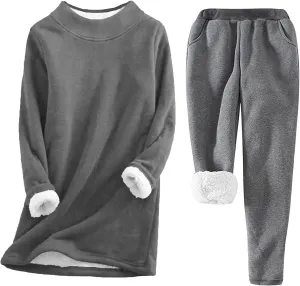 Firzero Pajamas for Women Set Long Sleeve Thermal Lounge Sets Fall Winter Outfits Fleece Lined Loungewear Wide Leg Pants