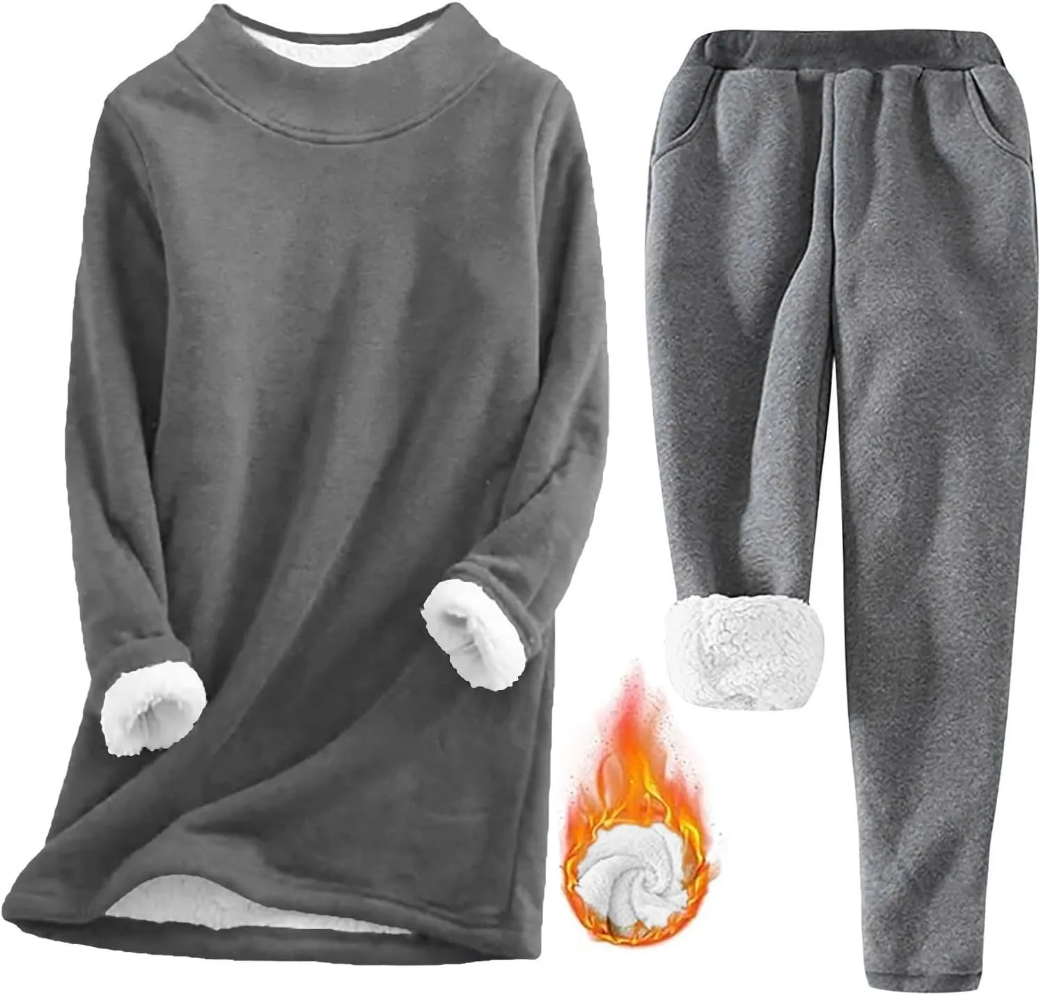 Firzero Pajamas for Women Set Long Sleeve Thermal Lounge Sets Fall Winter Outfits Fleece Lined Loungewear Wide Leg Pants