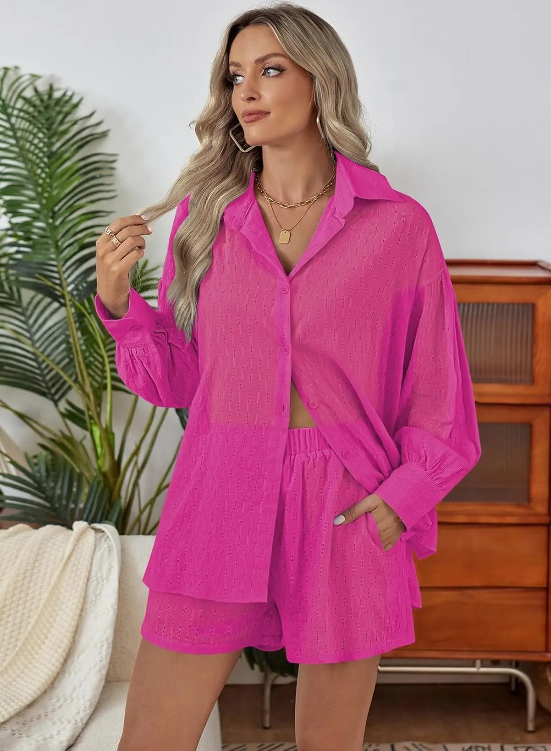 Fixmatti 2 Piece Outfits Long Sleeve Button Down Shirt and Shorts Sweatsuit Lounge Sets