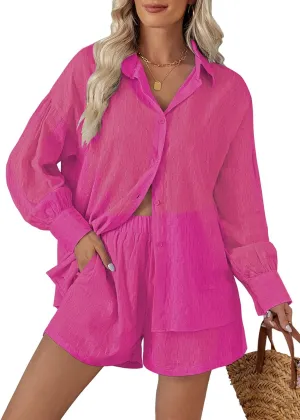 Fixmatti 2 Piece Outfits Long Sleeve Button Down Shirt and Shorts Sweatsuit Lounge Sets