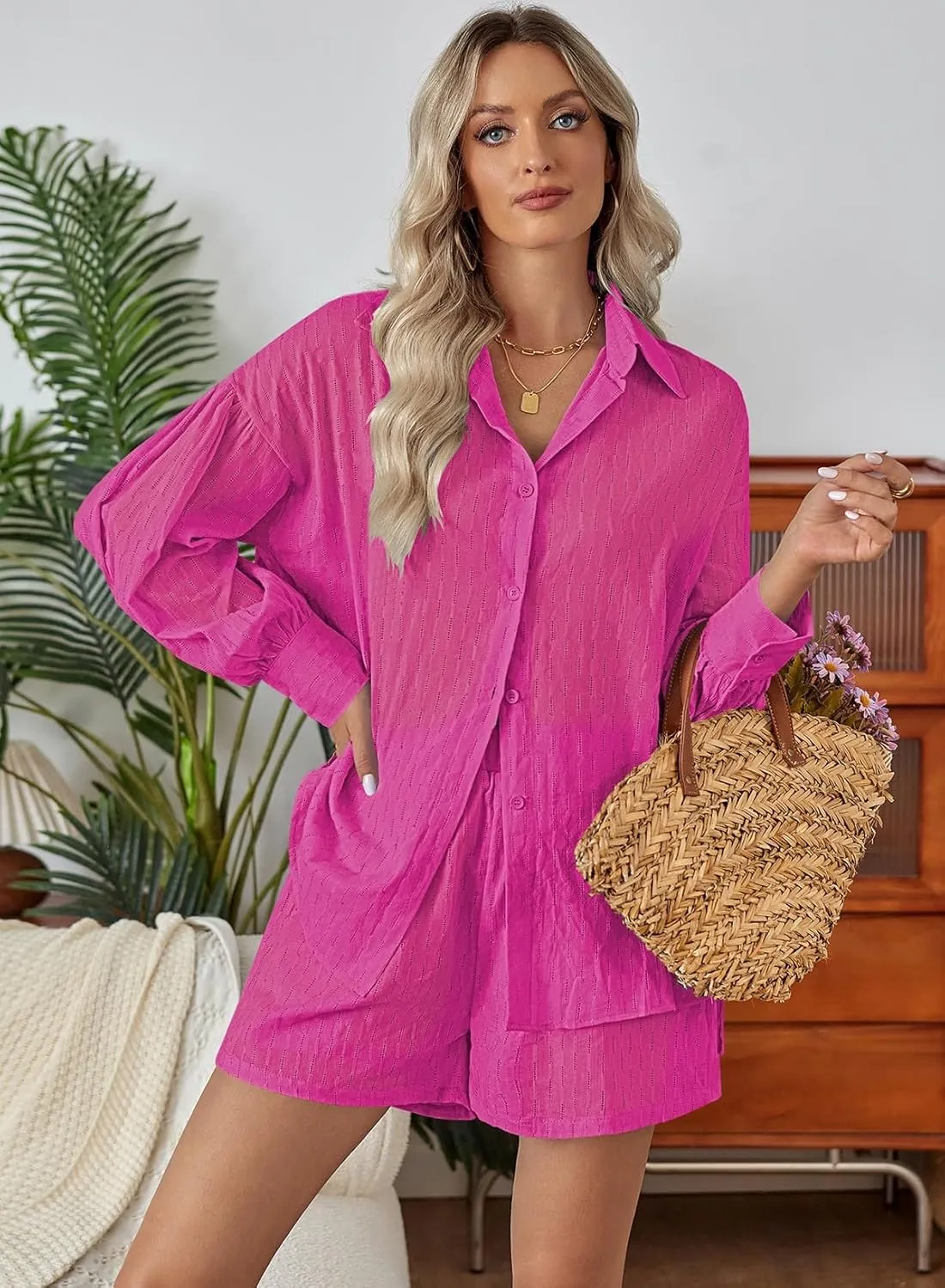 Fixmatti 2 Piece Outfits Long Sleeve Button Down Shirt and Shorts Sweatsuit Lounge Sets