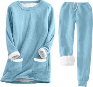Fleece Pajamas Set for Women Winter Warm Pajamas 2 Piece Outfits Soft Comfy Fleece Pjs Pullover Pant Plush Loungewear