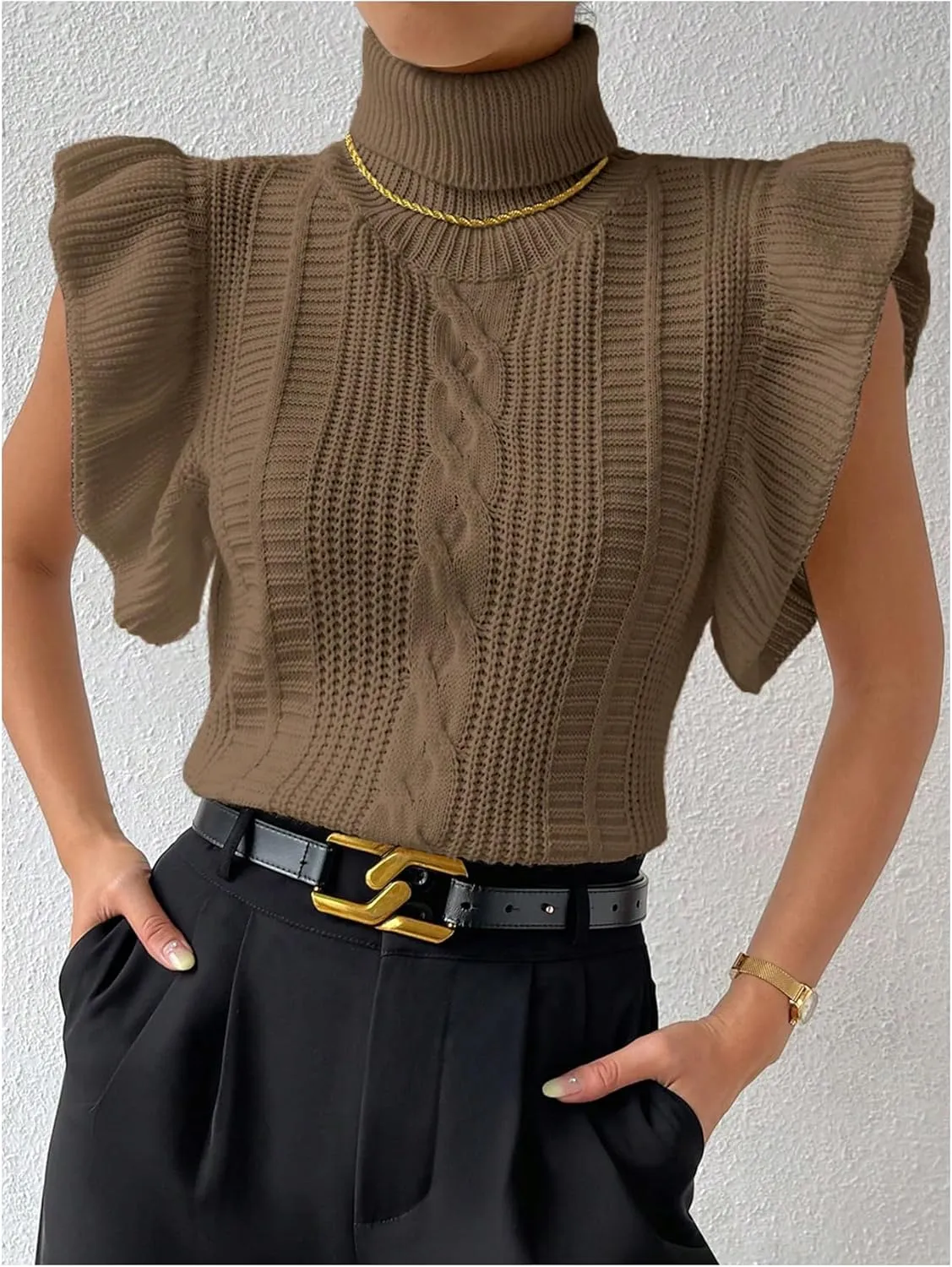 Floerns Women's Ruffle Trim Cable Knit Sweater Vest Turtleneck Sleeveless Tank Tops