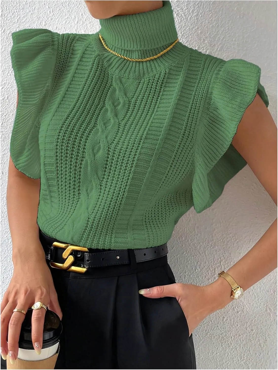 Floerns Women's Ruffle Trim Cable Knit Sweater Vest Turtleneck Sleeveless Tank Tops