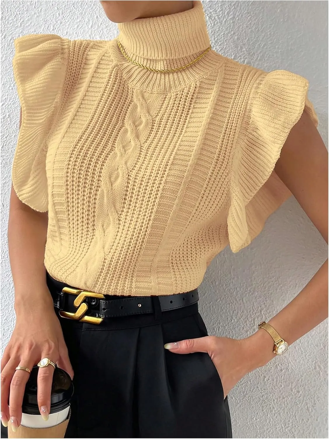 Floerns Women's Ruffle Trim Cable Knit Sweater Vest Turtleneck Sleeveless Tank Tops