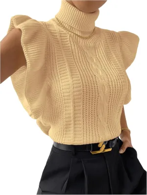 Floerns Women's Ruffle Trim Cable Knit Sweater Vest Turtleneck Sleeveless Tank Tops
