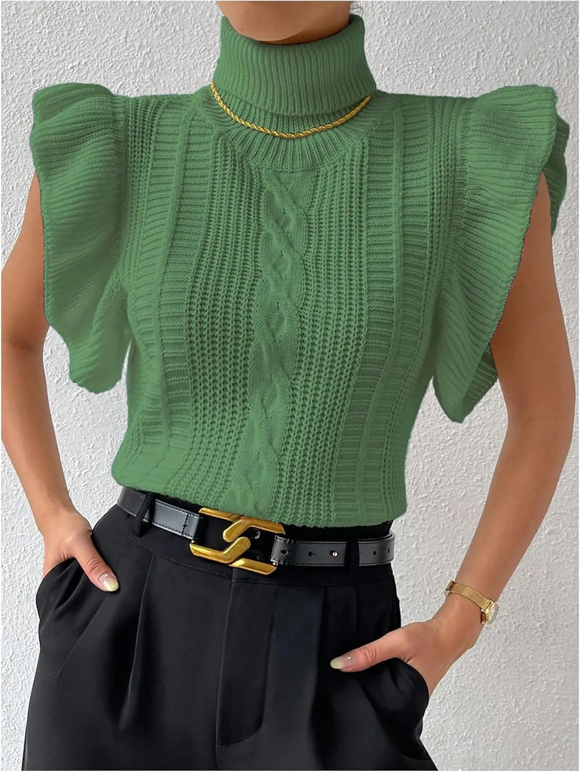 Floerns Women's Ruffle Trim Cable Knit Sweater Vest Turtleneck Sleeveless Tank Tops