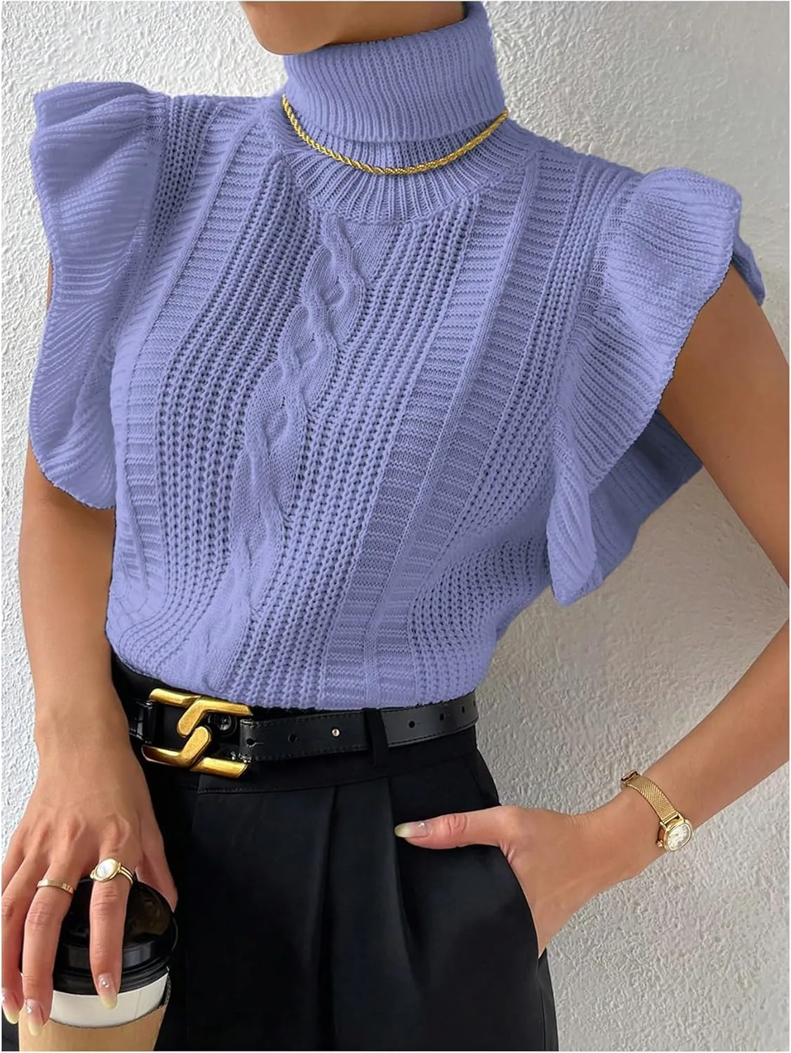 Floerns Women's Ruffle Trim Cable Knit Sweater Vest Turtleneck Sleeveless Tank Tops