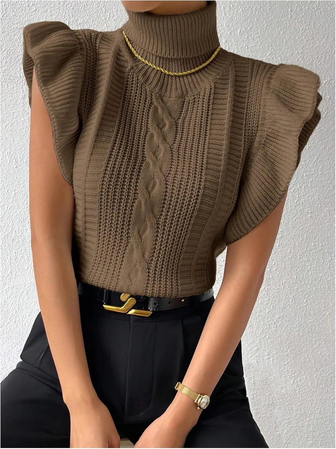 Floerns Women's Ruffle Trim Cable Knit Sweater Vest Turtleneck Sleeveless Tank Tops