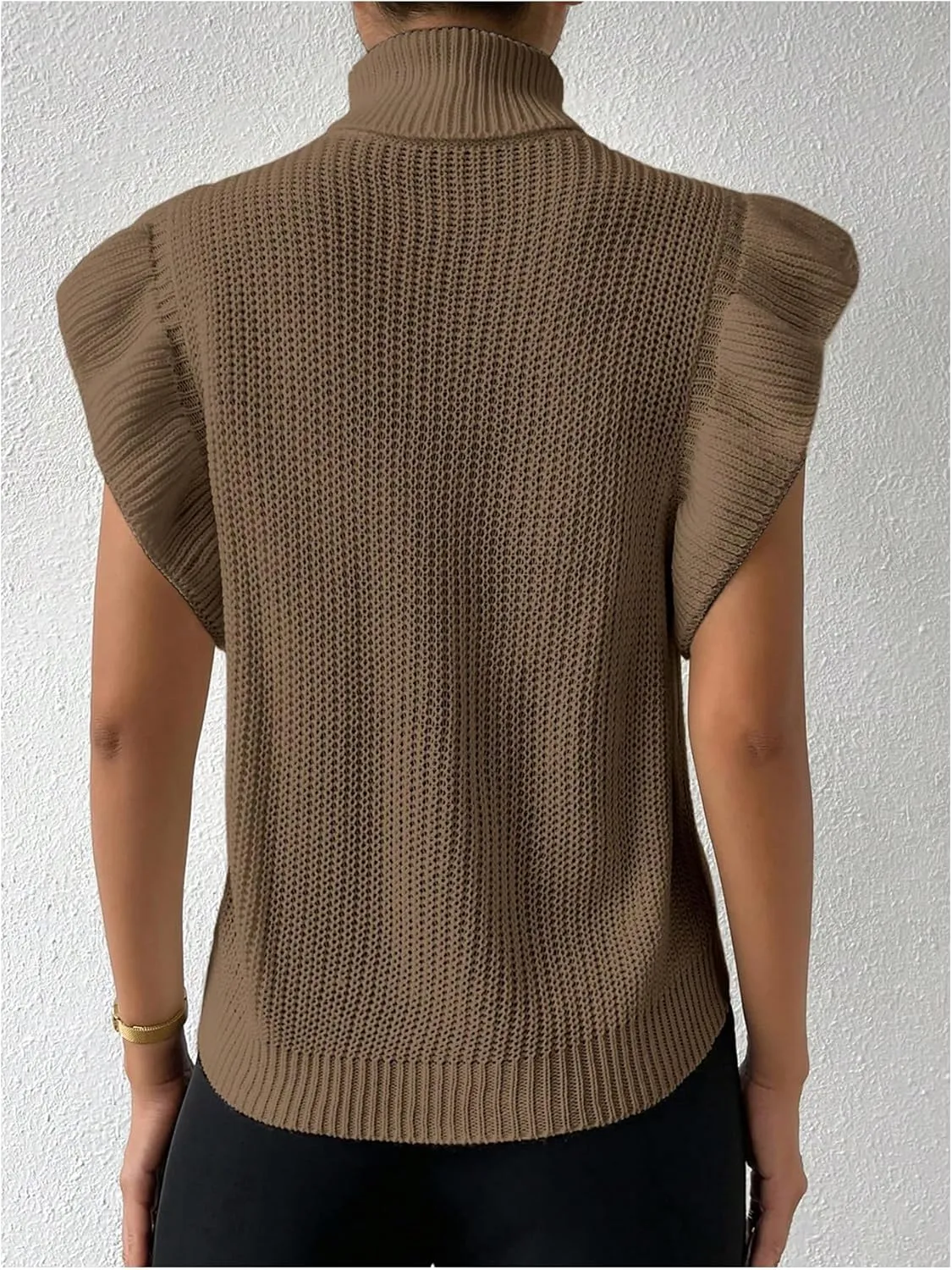 Floerns Women's Ruffle Trim Cable Knit Sweater Vest Turtleneck Sleeveless Tank Tops