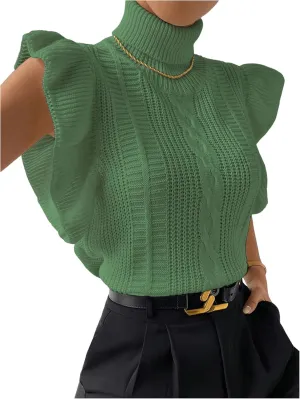 Floerns Women's Ruffle Trim Cable Knit Sweater Vest Turtleneck Sleeveless Tank Tops